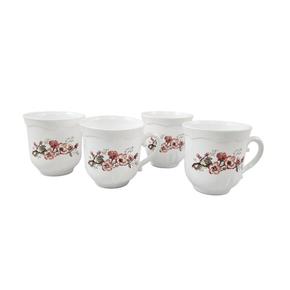 Acropal France White with Floral Accent 6 Oz Coffee Tea Mugs Cups – Set of 4 - Picture 1 of 16
